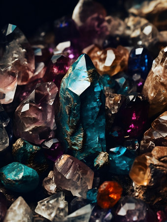 A diverse array of colorful crystals rests atop a textured pile of rocks, showcasing intricate details and vibrant hues. this composition highlights natural beauty, making it ideal for geology enthusiasts, collectors, and design inspiration.の素材