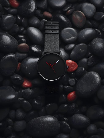A minimalist black watch with a sleek design rests atop a collection of smooth black and red pebbles, embodying elegance and modern fashion trends in accessories. perfect for design projects showcasing style and sophistication.の素材