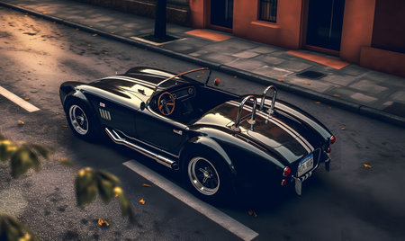 A sleek black sports car with vintage touches parked on a tree-lined city street during a golden sunset. the ambiance highlights the car's elegant curves and polished surface, creating a sense of timeless style and sophistication.の素材
