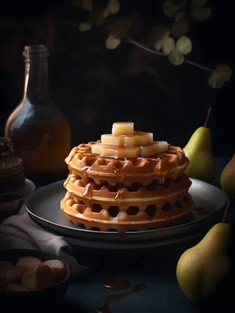 Tempting stack of golden waffles drizzled with rich syrup, served on a white plate alongside ripe pears. an enticing breakfast setup with a rustic backdrop, highlighting the warm morning ambiance and culinary delights.の素材