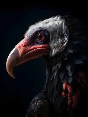 An evocative close-up of an exotic bird showcases intricate feather details and vivid colors against a dramatic black background. ideal for wildlife enthusiasts, this image essence of avian beauty and mystery.の素材