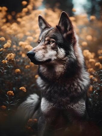 A striking portrait of a wolf sitting amidst a vibrant field of flowers, showcasing the harmonious blend of wildlife and nature. the detailed fur and alert gaze contrast beautifully with the soft floral background, capturing a serene yet powerful moment.の素材