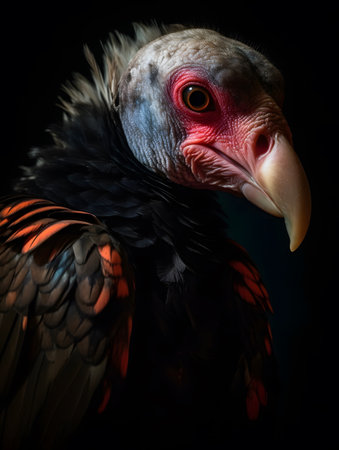 Vivid close-up of a bird showcasing its vibrant feathers and detailed features against a stark black background. the intense colors and texture enhance the dramatic contrast, highlighting the bird's unique beauty and presence.の素材