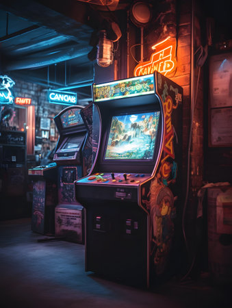 An arcade filled with vintage video game machines, highlighted by vibrant neon signs. the colorful display and retro atmosphere evoke a sense of nostalgia, perfect for capturing the essence of classic gaming culture.の素材