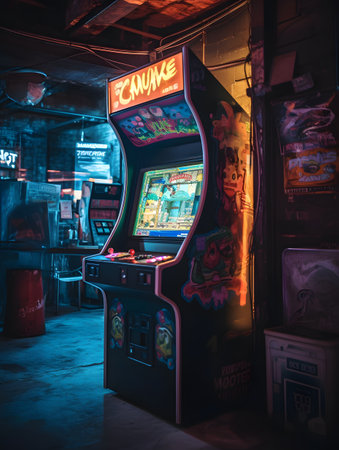 A vintage arcade gaming machine illuminated by vibrant neon signs. the scene evokes a nostalgic atmosphere, reminiscent of classic arcade rooms, perfect for themes focused on retro gaming, nostalgia, or nightlife design.の素材