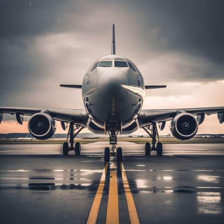 A large jetliner rests on a rain-soaked airport runway, reflecting a dramatic overcast sky. the front view emphasizes the aircraft's impressive size and engineering, embodying themes of travel and adventure.の素材