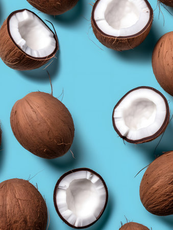A striking arrangement of whole and halved coconuts set against a bright blue backdrop, ideal for tropical-themed designs. the contrast highlights textures, making it perfect for summer-related publications and prints.の素材