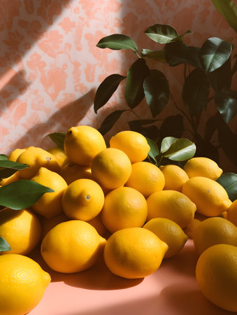 Bright yellow lemons surrounded by lush green leaves on a sunlit surface, creating a vibrant and refreshing setting. ideal for use in fresh produce promotions, culinary advertisements, or summer-themed designs.の素材