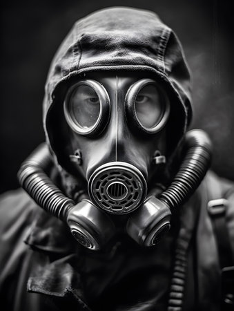 Dramatic black and white portrait of a person wearing a gas mask and hooded jacket. the monochrome tones and intense gaze through the masks lenses create a striking, atmospheric, and slightly dystopian mood.の素材
