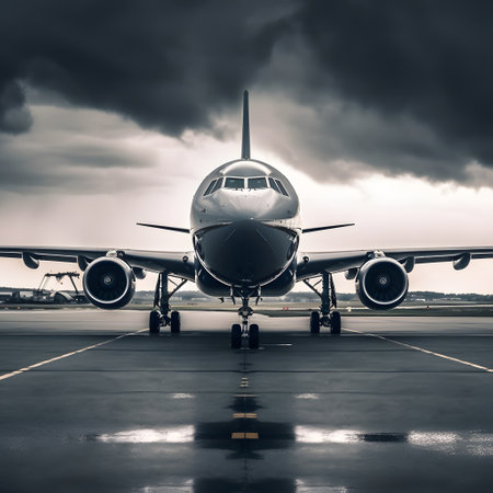 A striking view of a large jetliner positioned on an airport runway under a dramatic stormy sky. the aircraft is poised for travel, highlighting themes of aviation, transportation, and the dynamic nature of flight.の素材