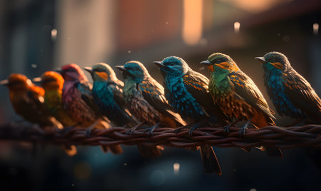A stunning collection of colorful birds sits closely atop a cable during sunset, highlighting their vivid plumage and intricate details. ideal for nature and wildlife enthusiasts, perfect for decor or educational materials.の素材