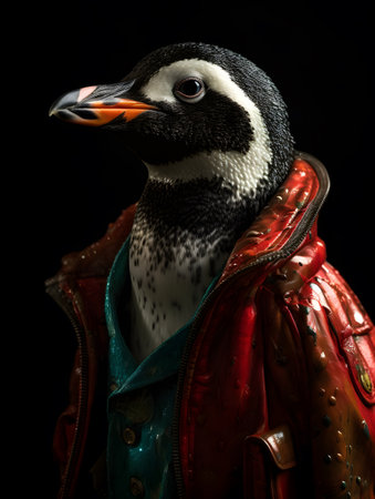 Penguin dressed in a colorful jacket showcasing a whimsical blend of wildlife and fashion. this vibrant and imaginative portrayal combines nature with modern attire, perfect for creative campaigns or playful artistic works.の素材