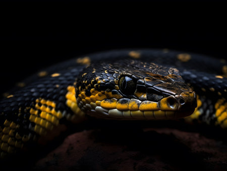A detailed close-up of a snake with vibrant yellow and black scales, set against a dark background. the striking contrast highlights the intricate patterns and textures, perfect for wildlife enthusiasts and creative design uses.の素材