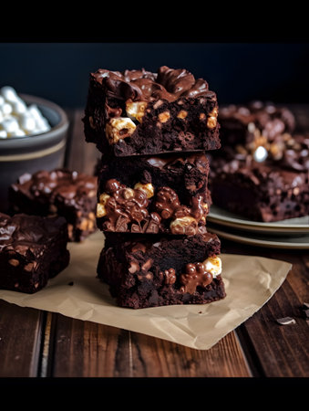 Dark chocolate brownies generously filled with popcorn and marshmallows. indulgent treats are artfully stacked on parchment paper, perfect for gourmet dessert lovers and creative baking enthusiasts.の素材