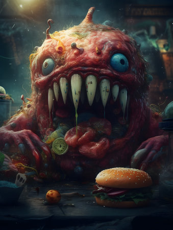 A surreal, cartoonish monster indulges in a hamburger, showcasing sharp teeth and exaggerated features. the dark fantasy atmosphere adds a whimsical yet eerie touch, perfect for creative storytelling or fantasy-themed projects.の素材