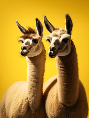 Two llamas standing closely against a bold yellow backdrop, showcasing their expressive faces and textured coats. ideal for design projects needing vibrant colors and nature themes, with a focus on wildlife charm.の素材