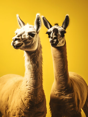 Two striking llamas stand side by side against a vivid yellow backdrop, showcasing their elegant profiles and fluffy coats. the image's bold color contrast highlights the llamas' distinct features, making it ideal for artistic and decorative purposes.の素材