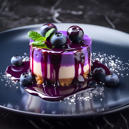 Elegant blueberry cheesecake sits atop a textured black plate. the dessert features a rich, creamy topping, vibrant blueberry sauce, and a fresh garnish, perfect for gourmet presentations and dessert showcases.の素材