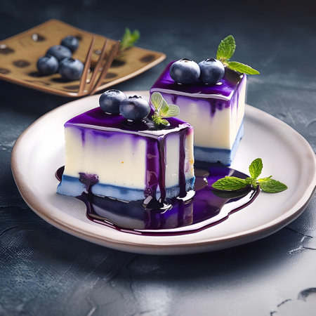 Blueberry cheesecake squares elegantly presented on a white plate, adorned with fresh blueberries and mint leaves. rich blueberry sauce drizzles enhance the creamy texture, making it perfect for gourmet dessert inspirations.の素材