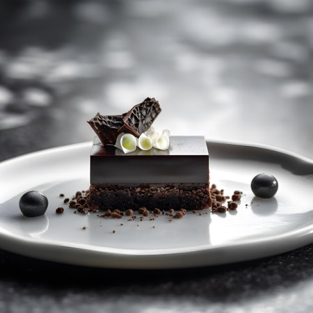 Indulge in the rich allure of a gourmet chocolate cake slice adorned with delicate chocolate pieces and white decorations. presented on a modern white platter, this dessert exudes elegance and culinary artistry.の素材
