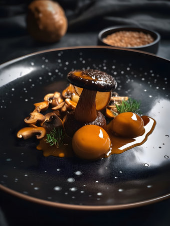 A sophisticated culinary presentation featuring a gourmet mushroom dish on a sleek black plate. rich textures and earthy tones highlight the elegance of the arrangement, ideal for gourmet dining inspirations and food photography.の素材