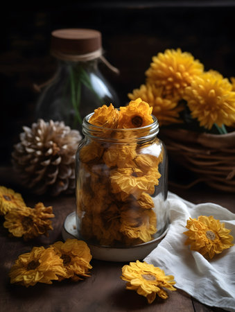 A picturesque arrangement of sun-dried pineapple flowers in a glass jar, surrounded by natural elements like a pine cone, woven basket, and vibrant yellow blooms, creating a warm, rustic kitchen atmosphere.の素材