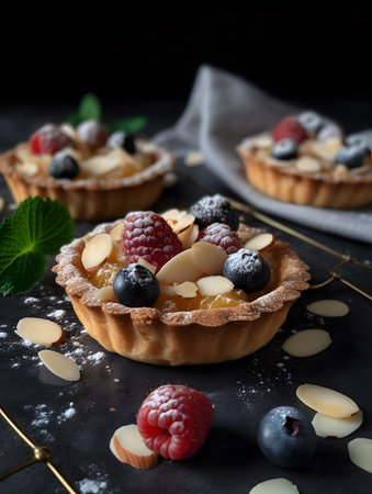 Exquisite tartelette bourdaloue adorned with fresh raspberries, blueberries, and almond slices. a perfect blend of sweet and nutty flavors against a dark backdrop, showcasing the delectable pastry in an elegant presentation.の素材