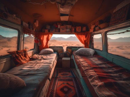 Two comfortable beds inside a vintage van overlook a stunning desert landscape. warm colors and eclectic decor create a cozy atmosphere that invites travelers to embark on an adventurous road trip.の素材