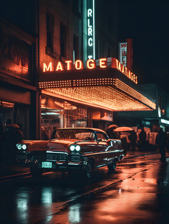Nighttime urban scene featuring an illuminated theater marquee reflecting warm lights on a wet street. a classic vintage car is parked under the retro signage, blending history and nostalgia with the vibrant city nightlife.の素材