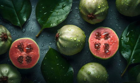Seamless pattern featuring whole and halved guavas interspersed with lush green leaves. the composition highlights the vibrant pink interior and rich texture, ideal for organic or tropical themed designs and backgrounds.の素材