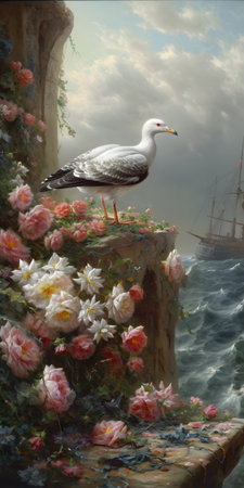 Albatross standing on a flower-covered cliff overlooking turbulent ocean waves, with a sailing ship in the distance under dramatic skies. the scene blends natural beauty with elements of adventure and exploration.の素材