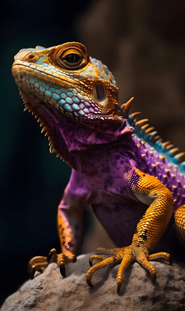 A vivid macro shot showcasing a colorful lizard perched on a rock. the intricate scales display a spectrum of hues, highlighting the beauty of reptilian wildlife in natural habitats. ideal for nature and wildlife photography collections.の素材