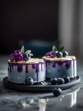 Elegant blueberry cheesecakes adorned with fresh blueberries and purple flowers are displayed on a dark plate against a marble surface, perfect for culinary photography, gourmet blogs, or dessert menu designs.の素材