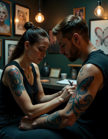 A professional tattoo artist intricately works on a client's arm design in a stylish, warmly lit studio. both artists display artistic tattoos and the walls are adorned with diverse artworks, creating an inspiring environment.の素材