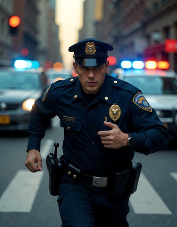 A focused police officer in uniform sprints down a bustling city street, with flashing patrol car lights in the background. the image urgency and dedication involved in law enforcement duties.の素材