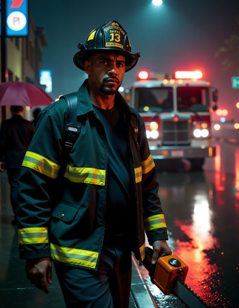 On a rainy urban street, a firefighter equipped with a chainsaw stands ready for action. a fire truck with lights flashing creates a vivid backdrop, highlighting the bravery and preparedness of emergency responders.の素材