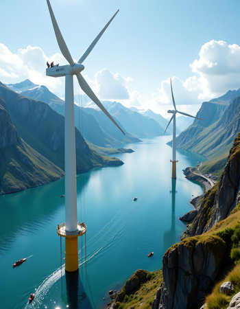 Wind turbines rise above a tranquil lake nestled in a mountainous region. the scene blend of renewable energy and natural beauty, with boats dotting the serene waters and mountains framing the horizon.の素材