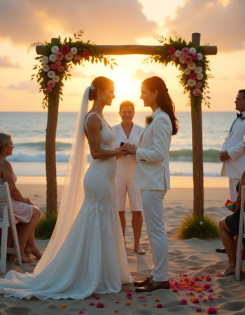 A romantic beach wedding unfolds at sunset, showcasing a couple exchanging vows beneath a floral arch. guests, dressed in elegant attire, witness the intimate ceremony against a stunning ocean backdrop, capturing a moment of love and unity.の素材