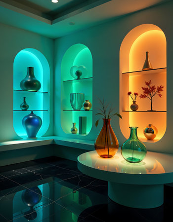 A modern interior showcases a collection of vases and glassware displayed within colorfully backlit alcoves. the soft, ambient lighting highlights the elegant shapes and vivid colors, creating a sophisticated and artistic ambiance.の素材