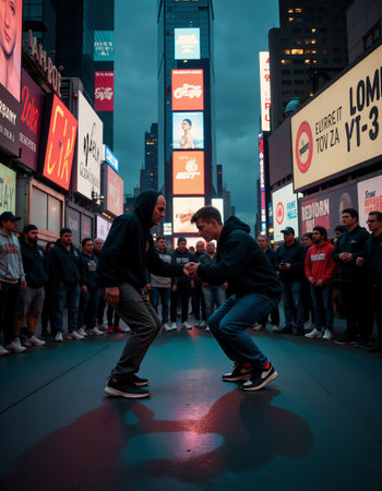 Two dancers face off amid a circle of onlookers in the vibrant, illuminated backdrop of times square. neon signs and advertisements create a dynamic urban setting, emphasizing the lively, energetic atmosphere of the bustling cityscape.の素材