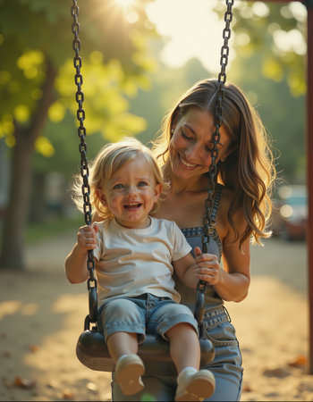 Mother and child enjoying a sunny day on a swing in a park. the joyful interaction essence of family time. sunlight filters through the trees, enhancing the warmth and happiness of the moment.の素材