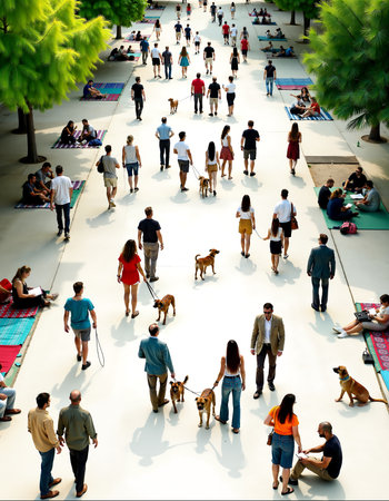 A bustling urban park walkway features a diverse crowd enjoying a sunny day. people walk their dogs, have conversations, and relax on colorful mats, showcasing community life and vibrant outdoor activity.の素材