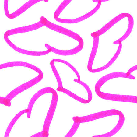 Hand drawn graphic doodles. Seamless pattern with bright pink hearts. Children's drawing....