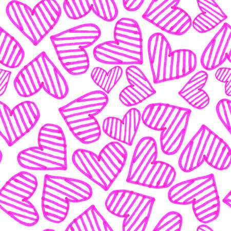 Hand drawn graphic doodles. Seamless pattern with bright pink hearts. Children's drawing....