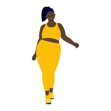 African girl with dark hair. Black young woman with pony tail. Isolated on white. Body positive Healthy lifestyle. Sports and leisure. Walking in yellow sportswear. Black lives matter. Poster designのイラスト素材