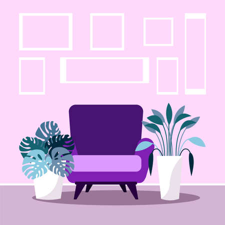 Contemporary living room interior design. Flat cartoon style. Pink and violet colors. Armchair, houseplants and pictures in frames. Graphic elements. Comfortable home and apartment. Cozy decorationのイラスト素材