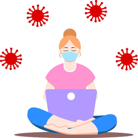 Girl sitting with laptop in lotus position. Young woman working on the notebook, studying, browsing internet, chatting, blogging. Social distancing during pandemic of coronavirus (COVID-19). Stay homeのイラスト素材