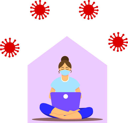 Asian girl sitting with laptop in lotus position. Young woman working on the notebook, studying, browsing internet, chatting, blogging. Social distancing during coronavirus (COVID-19) pandemicのイラスト素材