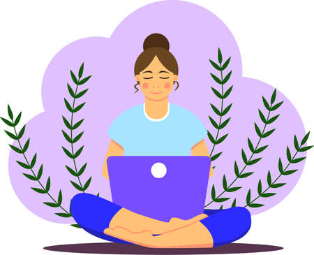 Asian girl sitting with laptop in lotus position. Young woman working on the notebook, studying, browsing internet, chatting, blogging. Online education or freelance. Stay home. Social distancingのイラスト素材