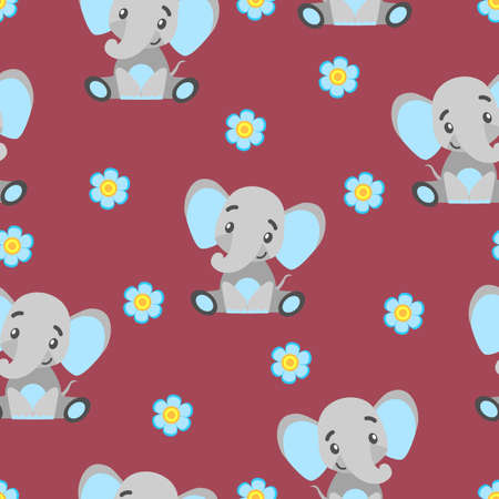 Seamless pattern with baby elephants and flowers. Gray and light blue. Red background. Flat cartoon style. Funny and cute. African animal. For postcards, wallpaper, textile and wrapping paperのイラスト素材